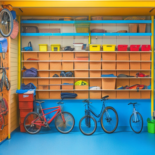 A clutter-free, organized garage with a pegboard on the wall, hooks holding bikes and tools, and stackable plastic bins labeled with colored stickers, surrounded by a few neatly parked cars and bicycles.