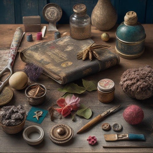 A whimsical, eclectic still life of assorted vintage papers, distressed book covers, antique buttons, and faded photographs, arranged artfully on a worn wooden table, surrounded by scattered paintbrushes and scissors.