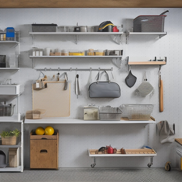 A clutter-free small garage with a sleek, silver pegboard on one wall, holding various tools and accessories, and a wall-mounted shelving unit with labeled bins and baskets above a tidy workbench.
