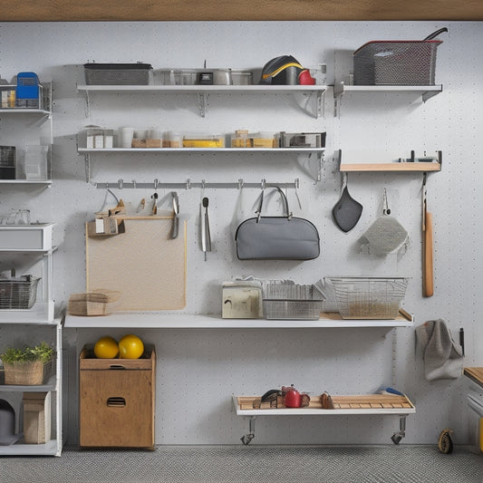 A clutter-free small garage with a sleek, silver pegboard on one wall, holding various tools and accessories, and a wall-mounted shelving unit with labeled bins and baskets above a tidy workbench.