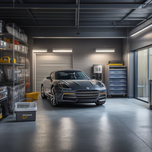 A well-lit garage with a sleek, gray epoxy-coated floor, organized into zones: a storage area with labeled bins, a workspace with a pegboard, and a parking space with a shiny car.