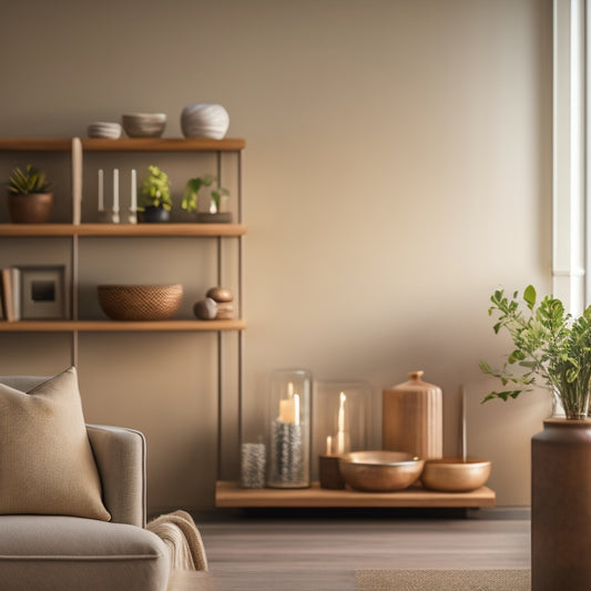 A serene, minimalist living room with a few, carefully selected decorative items on a polished wood shelf, surrounded by empty space, warm lighting, and a subtle, calming color palette.