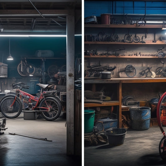 A before-and-after split-screen image: a cluttered, dimly lit garage with old tools and rusty bikes on the left, and a bright, organized space with sleek cabinets and a sports car on the right.