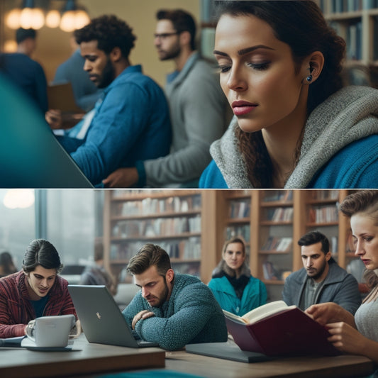 A split-screen image featuring a person comfortably reading a book in a cozy library on one side, and a group of friends gathered around a laptop with headphones on, looking frustrated and confused on the other side.