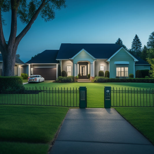 A serene suburban home with a lush green lawn, a sleek driveway, and a modern gate that slides open silently, revealing a hidden mechanism and a faint glow of LED lights.
