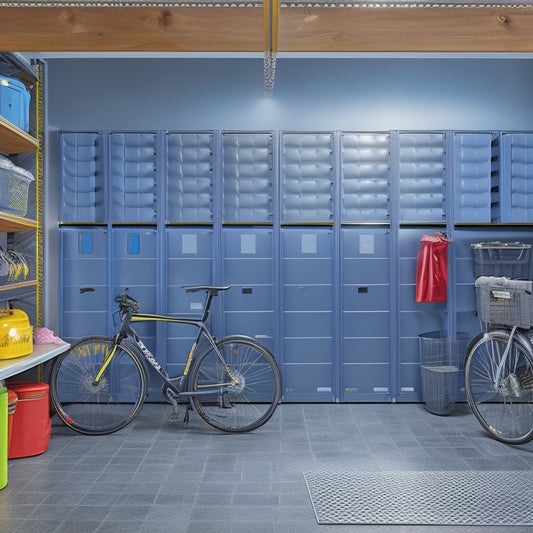 A well-lit, modern garage with a sleek, gray epoxy-coated floor, featuring a pegboard with neatly organized tools, a wall-mounted bike rack, and a row of labeled storage bins on a stainless steel shelving unit.