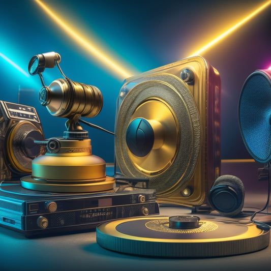 A golden film reel unwinds, revealing a spiral of colorful audio waveforms, surrounded by spotlights, headphones, and a subtle background of vintage radios and microphones.