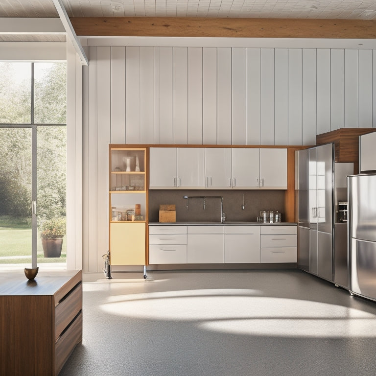 A bright, modern garage with sleek, white, soft-close cabinets, chrome hardware, and a warm, honey-brown wood accent wall, illuminated by natural light pouring in through a large window.