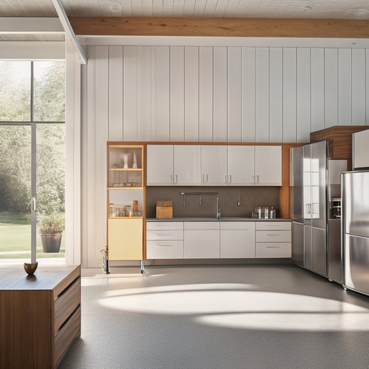 A bright, modern garage with sleek, white, soft-close cabinets, chrome hardware, and a warm, honey-brown wood accent wall, illuminated by natural light pouring in through a large window.