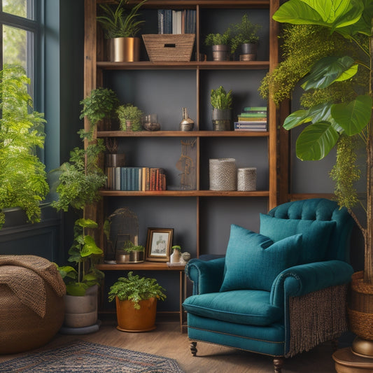 An industrial shelving unit transformed into a cozy reading nook, with plush pillows, warm lighting, and a few favorite books, surrounded by lush greenery and a statement piece of abstract artwork.