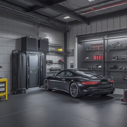 A modern, well-lit garage with Fiamma Garage Bars installed, showcasing organized tools and accessories suspended from the bars, with a sleek black sports car parked in the background.