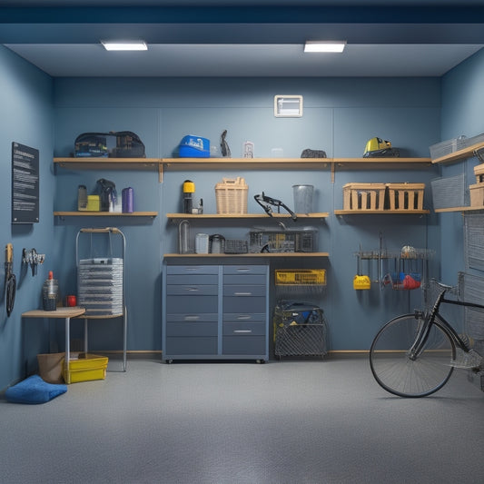 A well-lit garage with a sleek, gray storage wall featuring a mix of closed cabinets, open shelving, and hooks, holding various tools, bikes, and storage bins, with a few balls and toys on the floor.