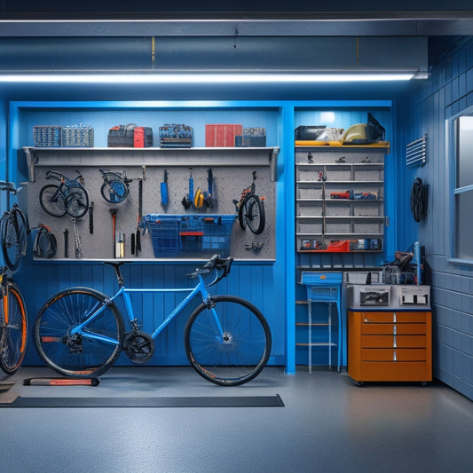 A well-lit, modern garage with a pegboard wall featuring neatly organized tools, a rolling tool chest, and a suspended bike storage system, surrounded by a clean, epoxy-coated floor.