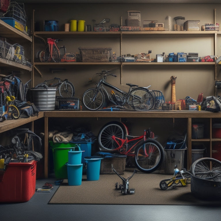 A cluttered garage with scattered toys, bikes, and tools, transformed into an organized space with labeled bins, hooks, and shelving, featuring a calm and peaceful atmosphere.
