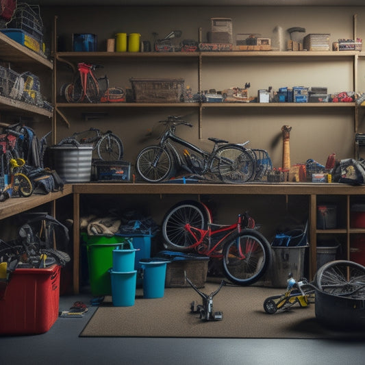 A cluttered garage with scattered toys, bikes, and tools, transformed into an organized space with labeled bins, hooks, and shelving, featuring a calm and peaceful atmosphere.