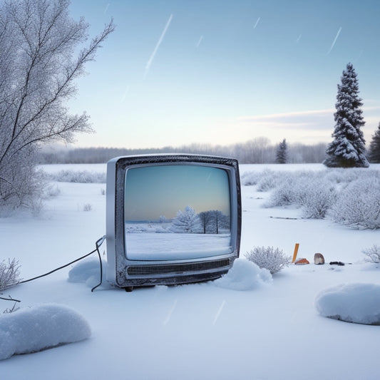 A frosty winter landscape with a broken TV on the snow-covered ground, its shattered screen reflecting a snowy tree, surrounded by scattered TV components and icy electrical cords.