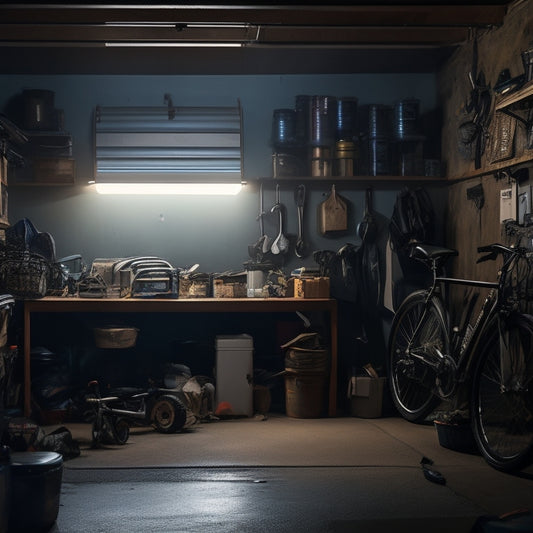 A dimly lit, cluttered garage with scattered tools, bikes, and boxes, with a faint glimpse of a organized workspace in the background, contrasted with a tidy, minimalist garage shelf.