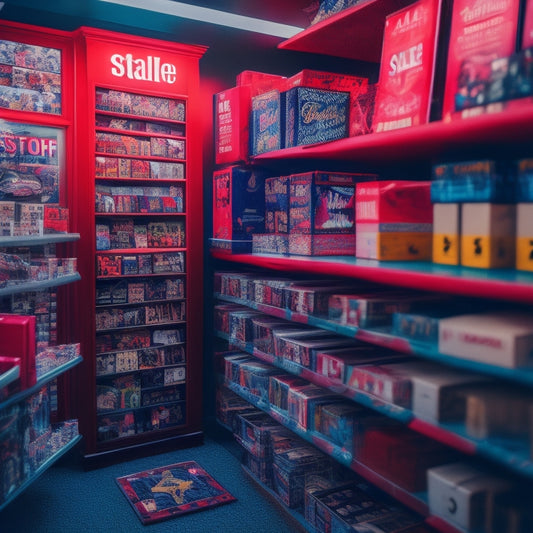 A cluttered video game store shelf with a bright, red "SALE" sign hanging above, surrounded by popular game cases with slashed prices and confetti scattered around.