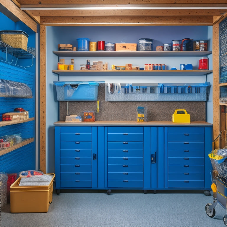 A neatly organized garage with a slatwall featuring hooks, bins, and a pegboard, surrounded by a workstation with a vice, a shelf with labeled storage containers, and a floor-to-ceiling storage unit.