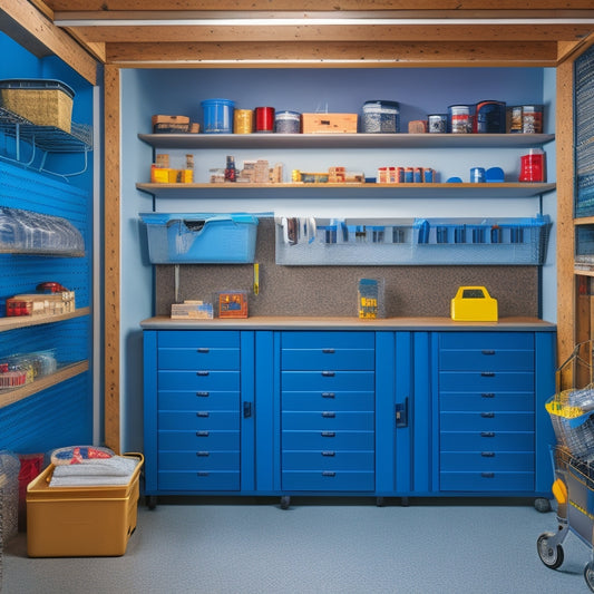A neatly organized garage with a slatwall featuring hooks, bins, and a pegboard, surrounded by a workstation with a vice, a shelf with labeled storage containers, and a floor-to-ceiling storage unit.