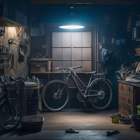 A dimly lit garage with cluttered shelves, tools scattered on the floor, and a rusty bike leaning against a wall, surrounded by cobwebs, with a faint outline of a clean and organized space in the background.