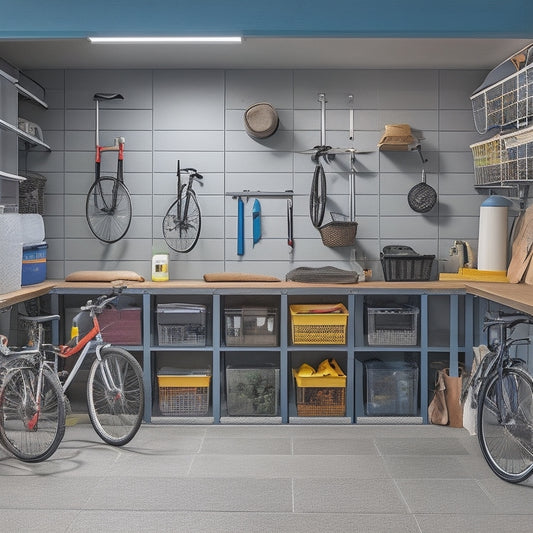 A clutter-free garage with sleek, wall-mounted bike racks, a pegboard with neatly organized tools, and a floor-to-ceiling shelving unit storing labeled bins and baskets, surrounded by a polished concrete floor.