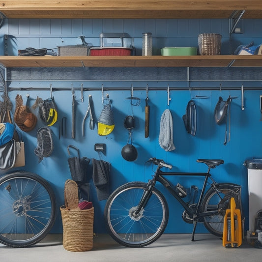 A clutter-free garage with a pegboard featuring hooks, bins, and baskets, storing small delicate items like bike helmets, gloves, and tools, with a toolbox and a shelving unit in the background.