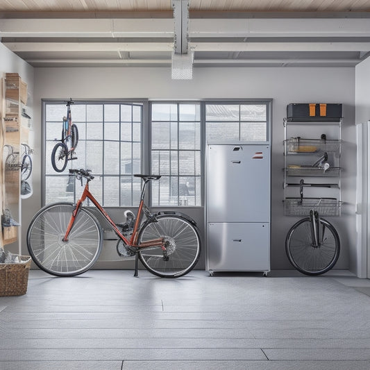 A clutter-free garage with sleek, silver storage units, baskets, and bins, accompanied by a pegboard with neatly organized tools, and a suspended bike rack, illuminated by natural light pouring through a large window.