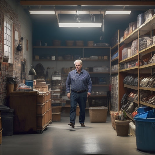 A serene, well-lit garage interior with a senior adult in the background, surrounded by organized storage systems, including wall-mounted shelves, labeled bins, and a walkway free of clutter.