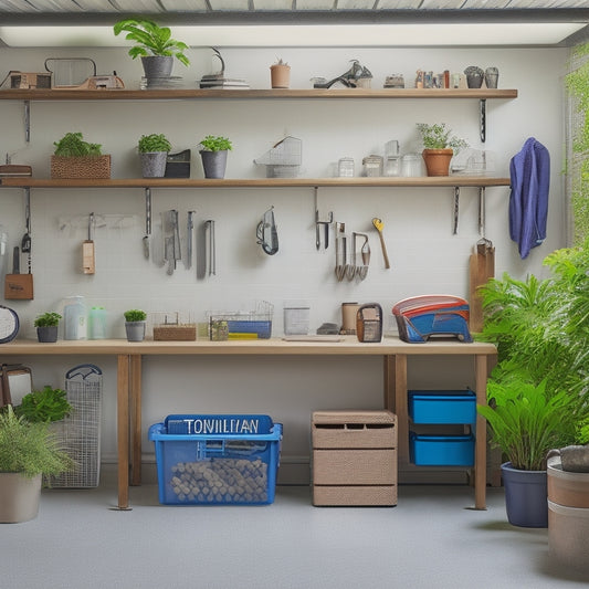 A serene and organized garage interior with a few neatly arranged tools on a pegboard, a labeled storage bin on a shelf, and a tidy workbench with a small potted plant.