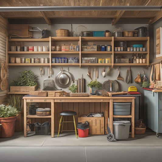 A well-lit, clutter-free garage with sturdy shelves, labeled bins, and a slatted wall system, featuring a senior-friendly ergonomic workbench with a comfortable stool and a few accessible gardening tools.