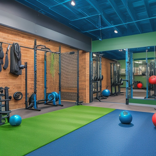 A well-organized garage gym with a mirrored wall, rubber flooring, and a variety of equipment including a squat rack, exercise bike, and kettlebells, surrounded by motivational quotes and greenery.
