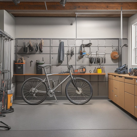 A clutter-free garage with a sleek, silver tool chest, labeled bins on a pegboard, a hanging bike, and a neatly coiled hose, surrounded by a polished, dark-gray epoxy floor.