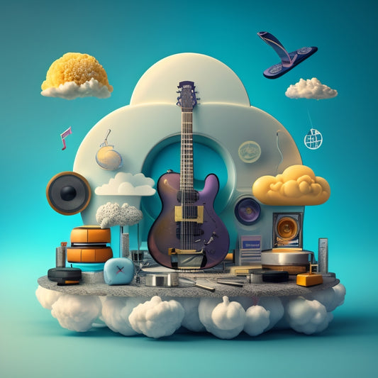 A stylized illustration of a music note-shaped cloud surrounded by various music-related icons, such as headphones, guitars, and vinyl records, with subtle nods to popular cloud storage brands.