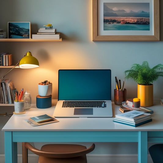A minimalist illustration of a laptop and a comfortable home interior, with a designer's desk, a half-designed room layout, and a few colorful design books, surrounded by subtle, calming light.