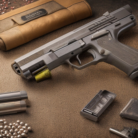 A close-up shot of a silver Kel-Tec airsoft pistol with a worn, tactical holster in the background, surrounded by scattered airsoft BBs and a few partially opened ammo magazines.