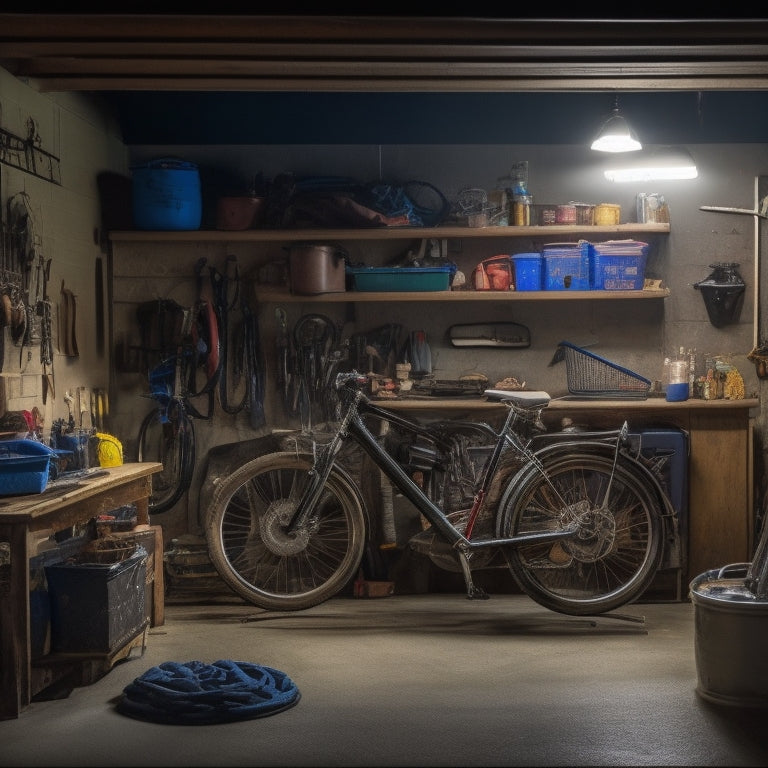 A dimly lit garage with a workbench in the background, cluttered with out-of-season items like a deflated inflatable pool, stacked patio chairs, and a bicycle with flat tires.
