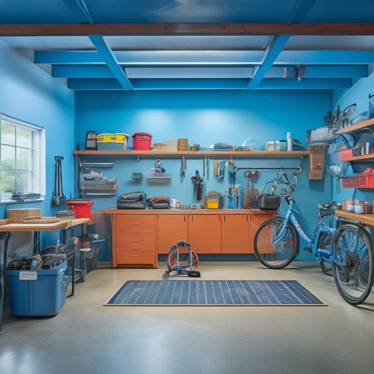 A well-lit, clutter-free garage with a slatwall featuring neatly hung bicycles, tools, and accessories, accompanied by labeled bins, a workbench with a built-in vice, and a sleek epoxy-coated floor.