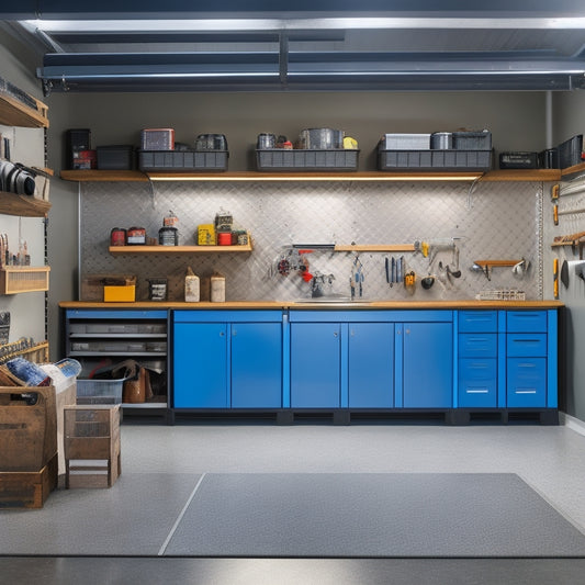 A well-lit, sleek garage interior with a polished concrete floor, featuring a wall-mounted pegboard, sliding storage bins, and a neatly organized workbench with a few strategically placed tools.