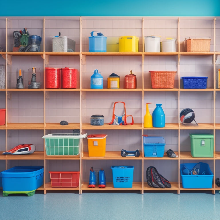 A well-organized garage with three wall-mounted shelving units in different sizes, holding various storage bins, tools, and sports equipment, against a clean and light-colored background.