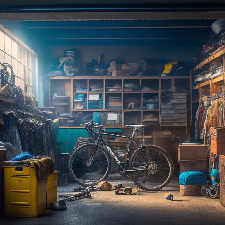 A cluttered garage interior with a prominently placed, dusty, and cobweb-covered bicycle, surrounded by stacked boxes, old tools, and forgotten sports equipment, with a faint glimpse of a clean floor in the background.