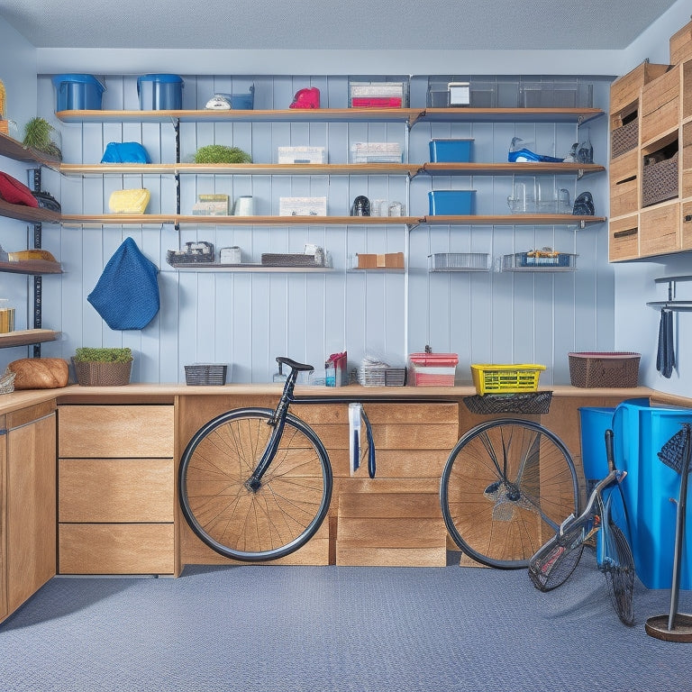 A well-organized garage interior with a slatwall featuring mounted bins, baskets, and hooks, a ceiling-mounted bike rack, and a sleek shelving unit with labeled storage containers.