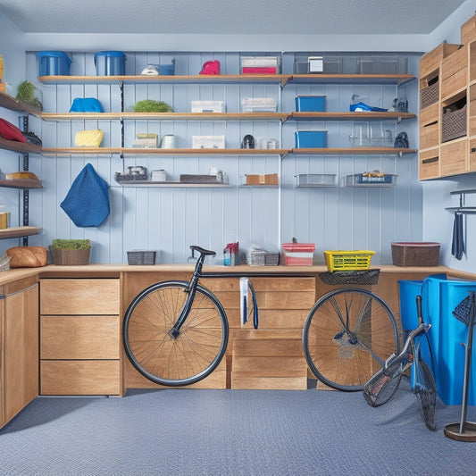 A well-organized garage interior with a slatwall featuring mounted bins, baskets, and hooks, a ceiling-mounted bike rack, and a sleek shelving unit with labeled storage containers.