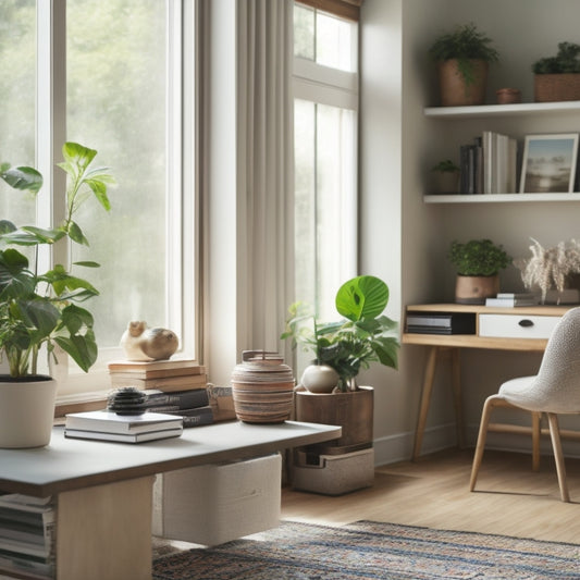 A serene, clutter-free living room with a few, carefully arranged decorative objects, a minimalist bookshelf, and a tidy desk with a single, open laptop, surrounded by natural light and lush greenery.