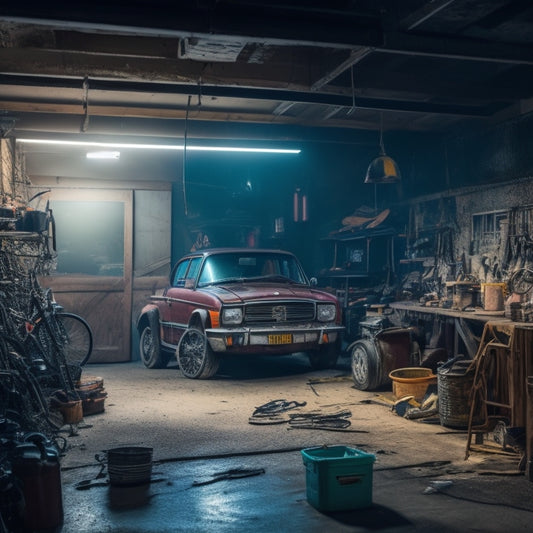 A cluttered, dimly lit garage with three cars parked haphazardly, one with a flat tire, surrounded by scattered tools, rusty bike frames, and tangled extension cords, with cobwebs hanging from the ceiling.