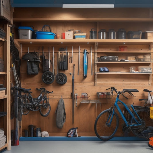 A tidy garage interior with a door featuring a mounted pegboard, hooks, and baskets, holding bikes, tools, and accessories, surrounded by a well-organized workspace and shelving units.