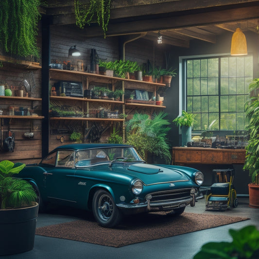 A clutter-free garage with a sleek, black sports car at center, surrounded by themed zones: a vintage-inspired workbench, a neon-lit music corner, and a lush greenery area with a living wall.