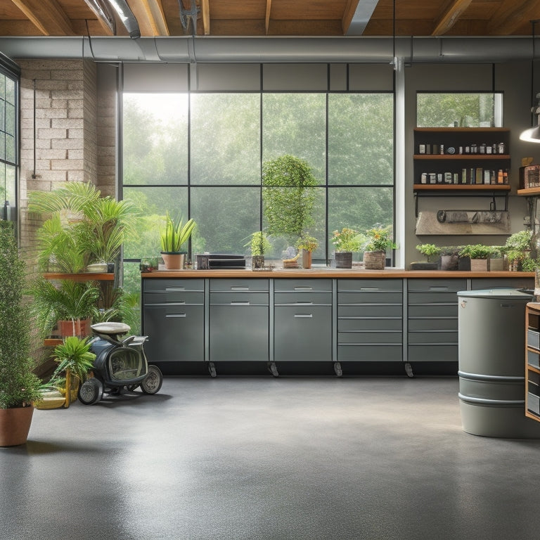 A serene garage interior with a polished concrete floor, gleaming steel cabinets, and a few well-organized tools on a pegboard, surrounded by lush greenery and soft, warm lighting.