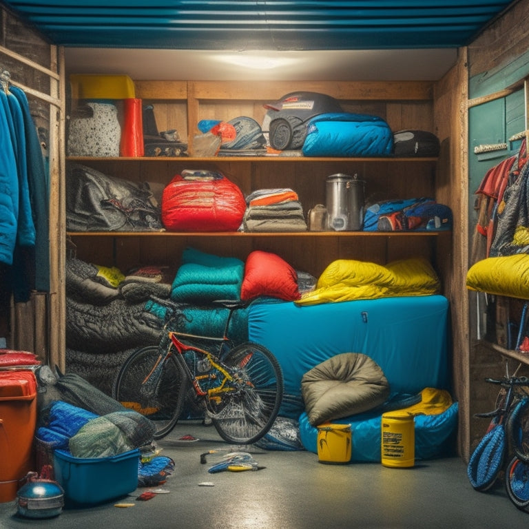 A cluttered garage with bicycles, tools, and storage bins stacked haphazardly, a camping tent and sleeping bag squished in the corner, surrounded by scattered outdoor gear and a few fallen items.