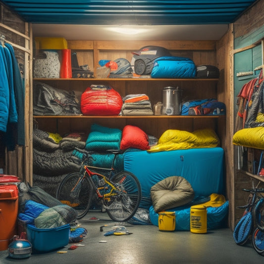 A cluttered garage with bicycles, tools, and storage bins stacked haphazardly, a camping tent and sleeping bag squished in the corner, surrounded by scattered outdoor gear and a few fallen items.